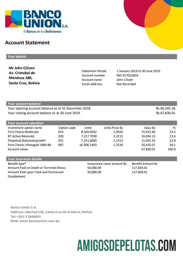 Exemplo de extrato bancário do Banco Union da Bolívia